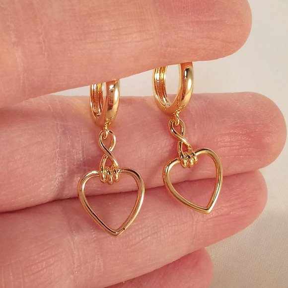 18K Yellow Gold Filled Hollow Heart Shape Love Infinity Dangle Earrings - Picture 3 of 4